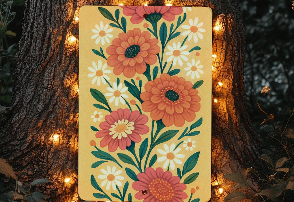 a painting of flowers on a yellow background