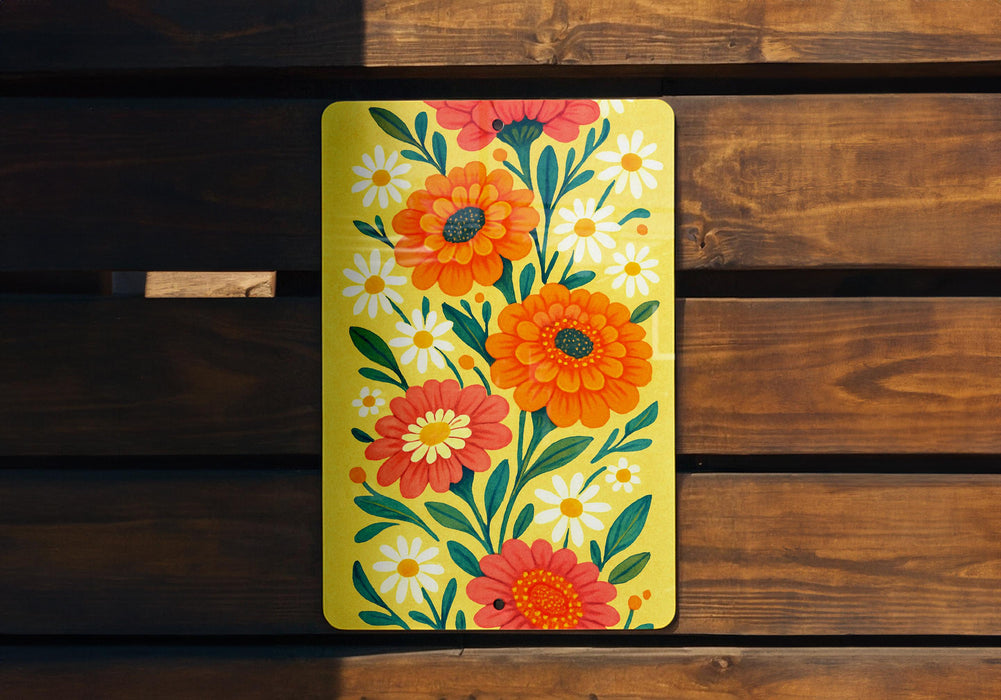a yellow and red flower painted on a wooden bench