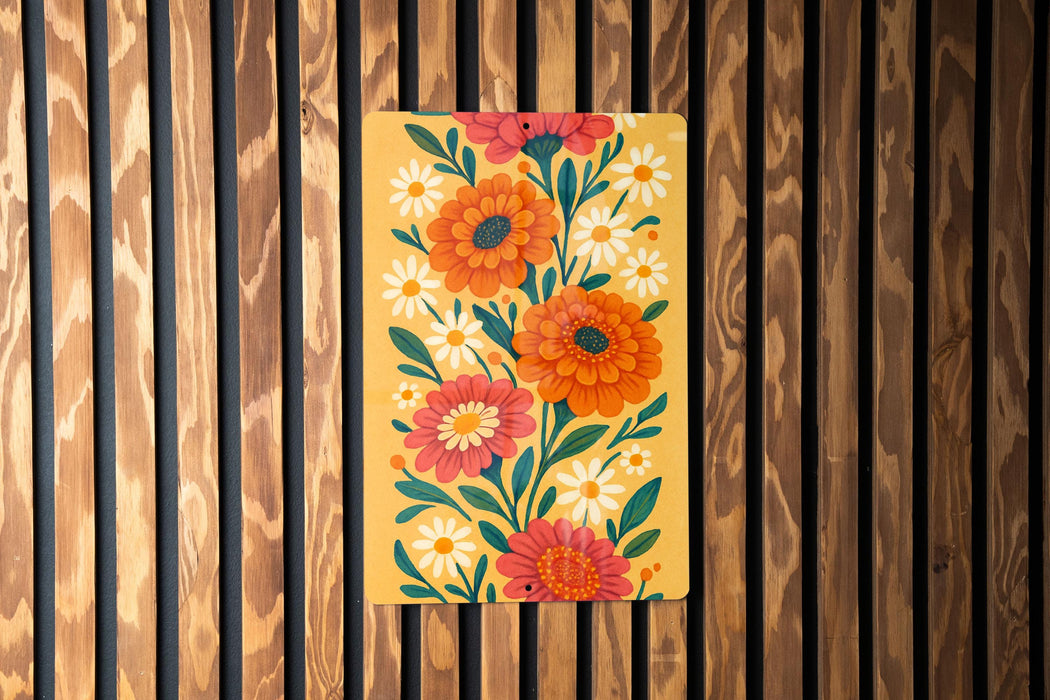 a painting of orange and red flowers on a yellow background