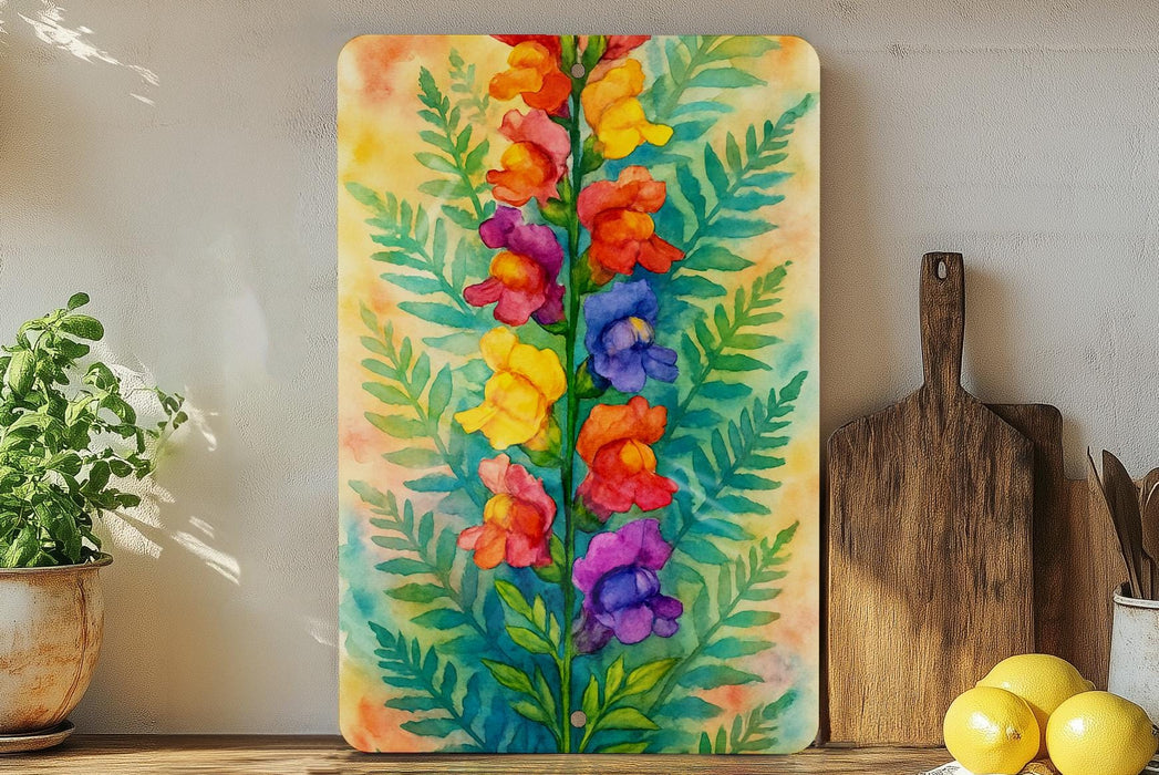 a painting of flowers on a wall next to a cutting board