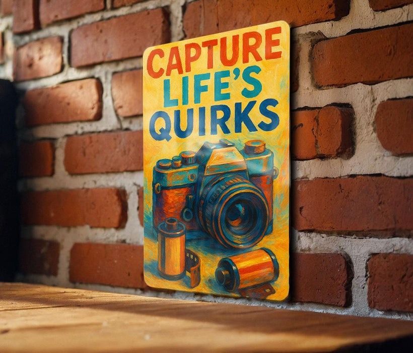 a picture of a picture of a camera on a brick wall