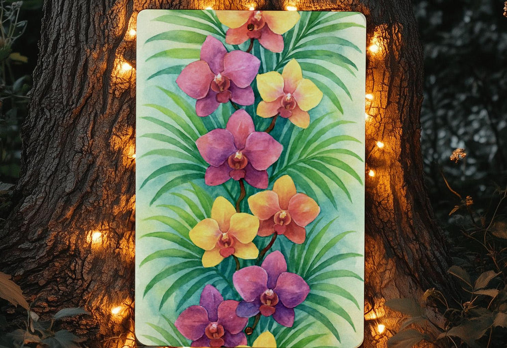 a painting of purple and yellow flowers on a tree