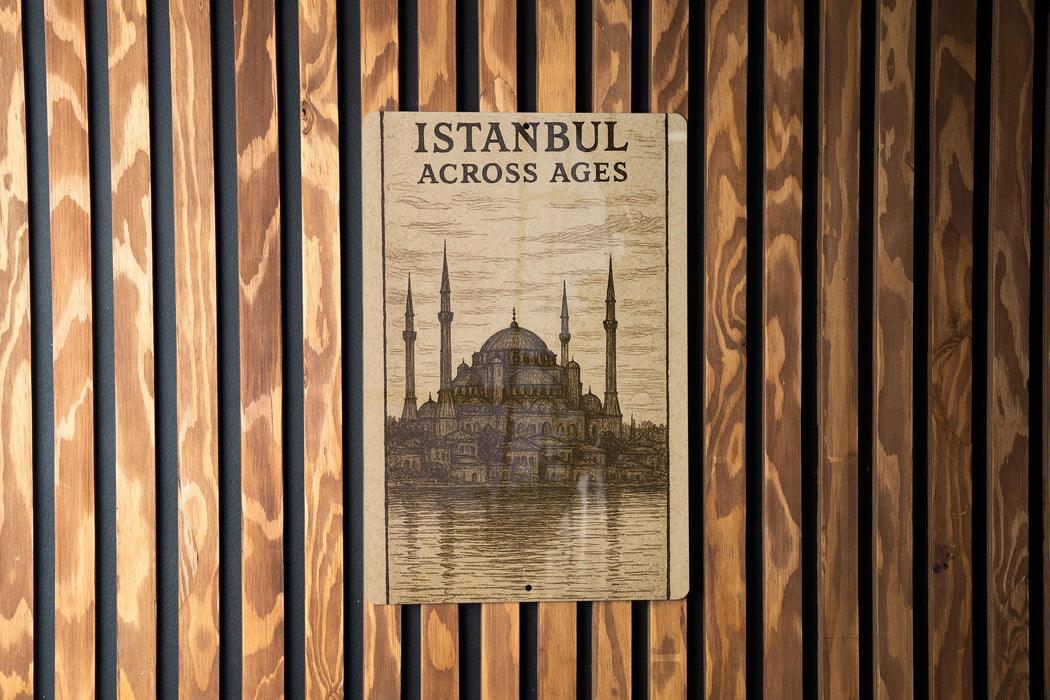 a wooden wall with a picture of a building on it