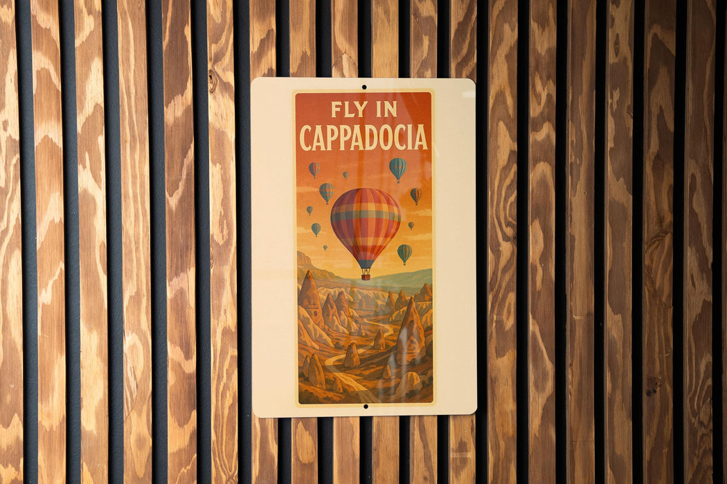 a sign on a wooden wall that says fly in cappadocia