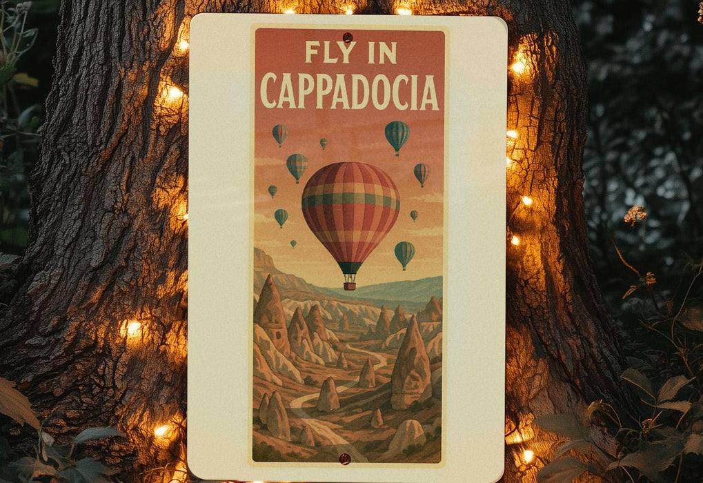 a sign that reads fly in cappadocia with hot air balloons