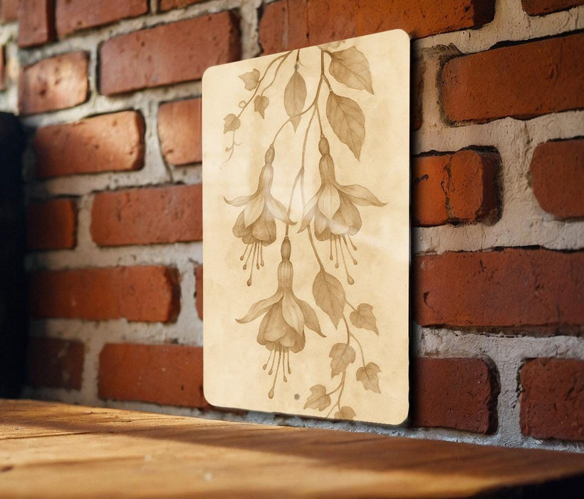 a picture hanging on a brick wall next to a wooden table