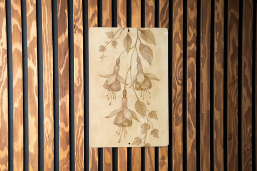 a piece of art hanging on a wooden wall