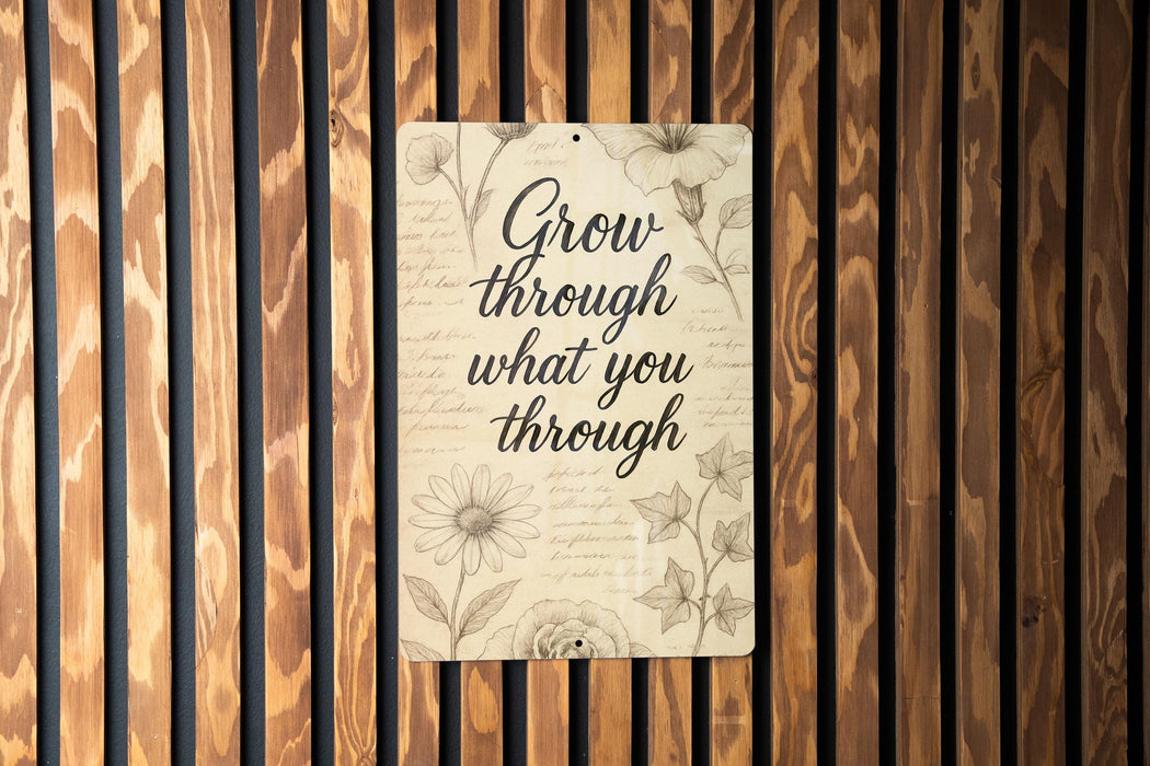 a sign on a wooden wall that says grow through what you through
