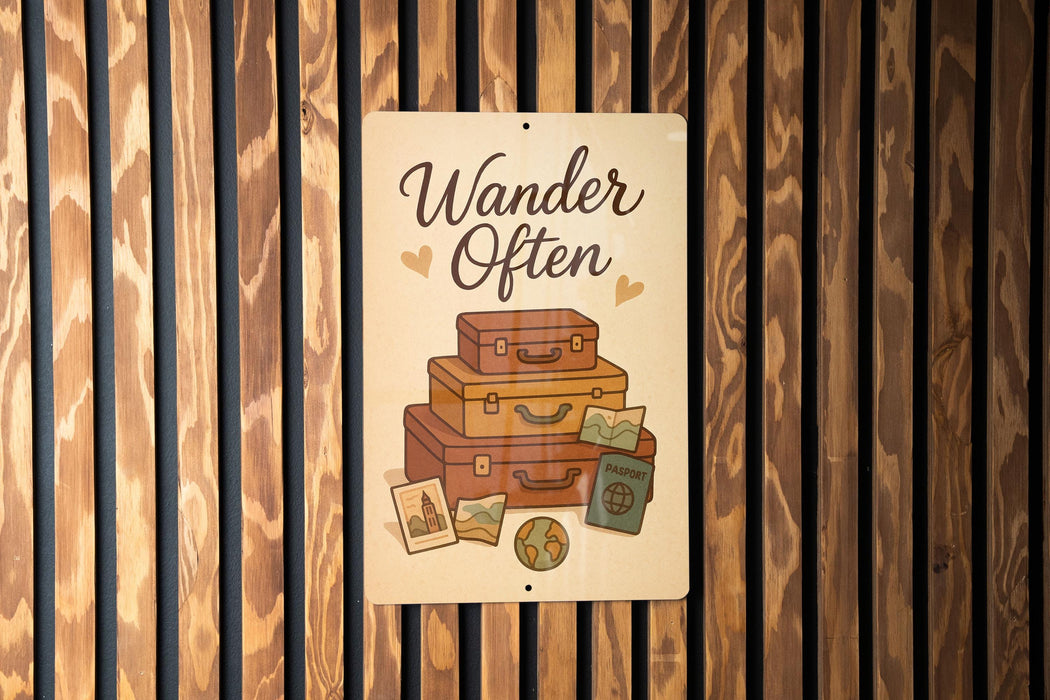 a wooden wall with a sign that says wander often