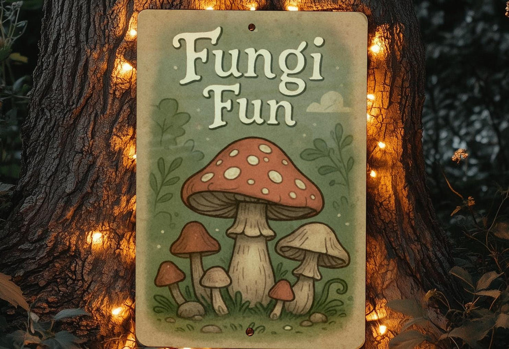a sign with a picture of a mushroom on it