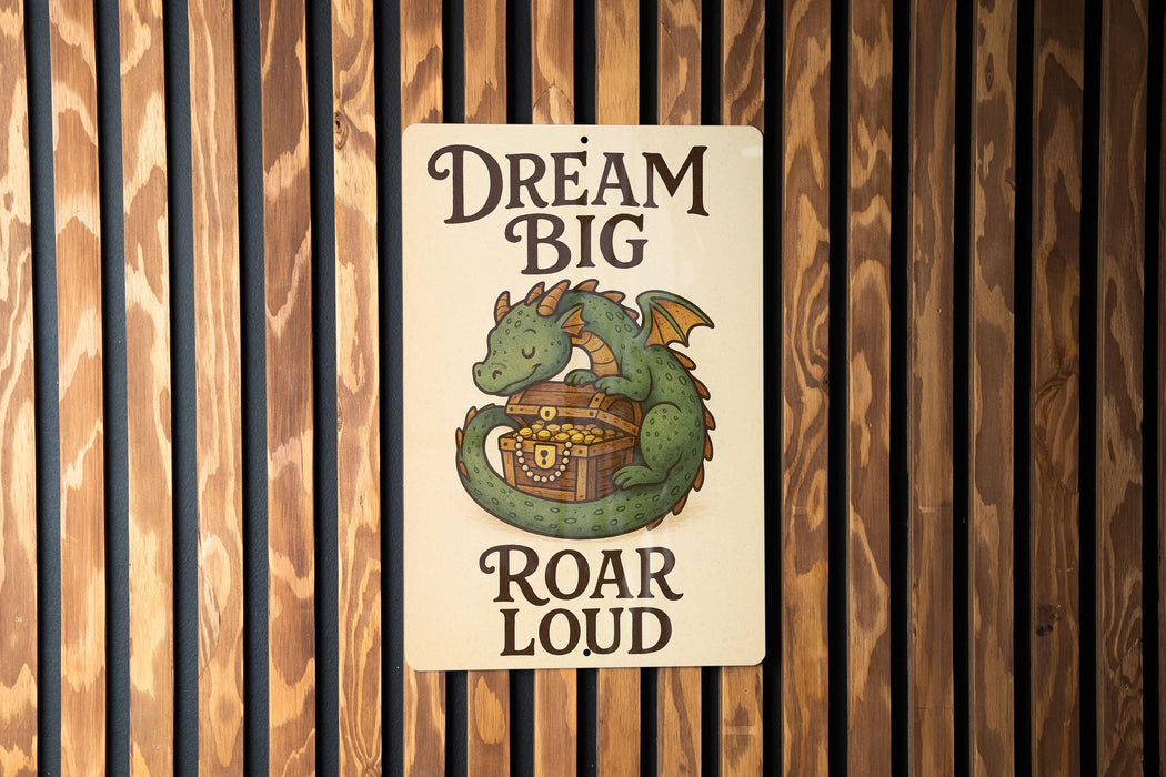 a sign on the side of a building that says, dream big roar loud