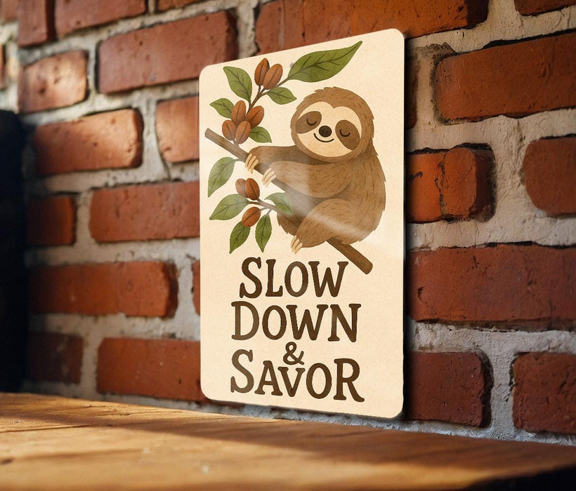a sign that says slow down and savor on a brick wall
