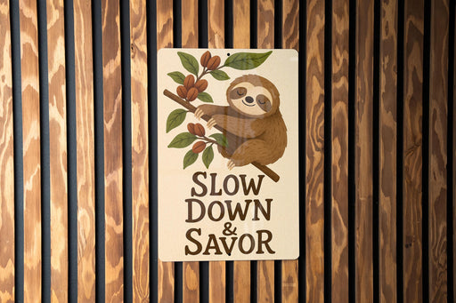 a sticker of a sloth hanging on a wooden wall