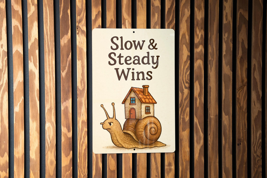 a sign on the side of a building that says slow and steady wins