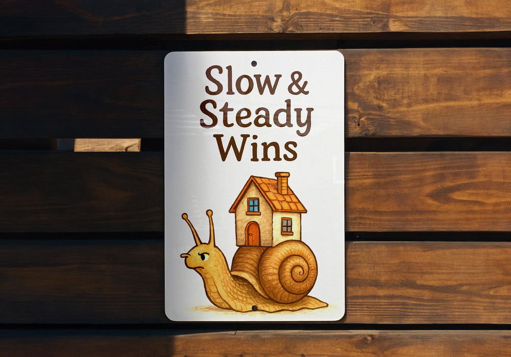 a sign that says slow and steady wins with a snail on it