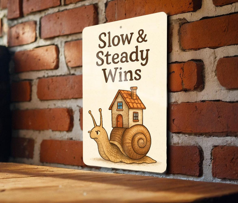 a sign that says slow and steady wins on a brick wall