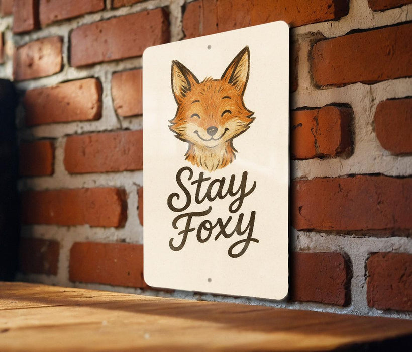 a sign that says stay foxy on a brick wall