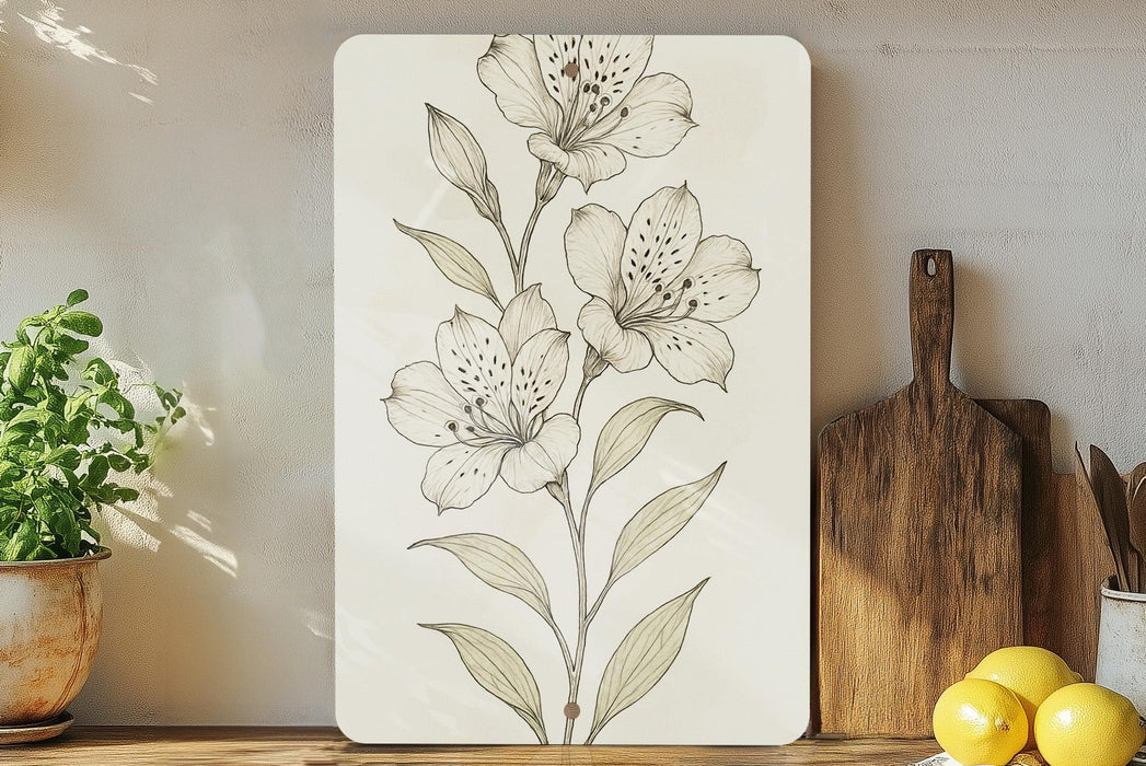 a picture of a flower on a wall next to a cutting board