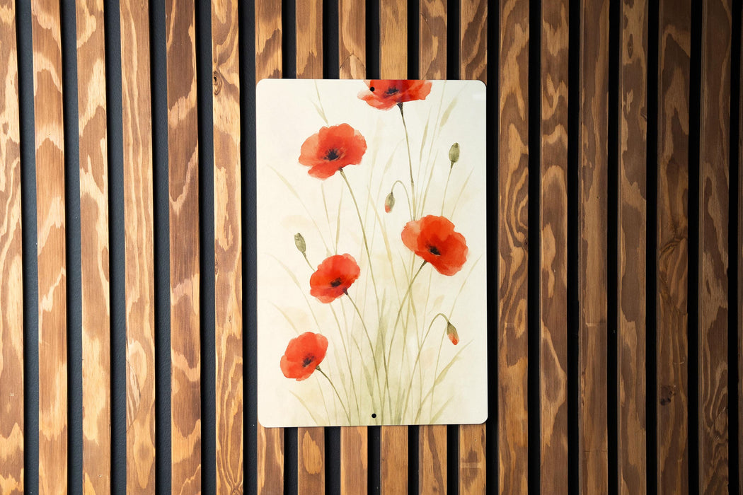 a painting of red flowers on a wooden wall
