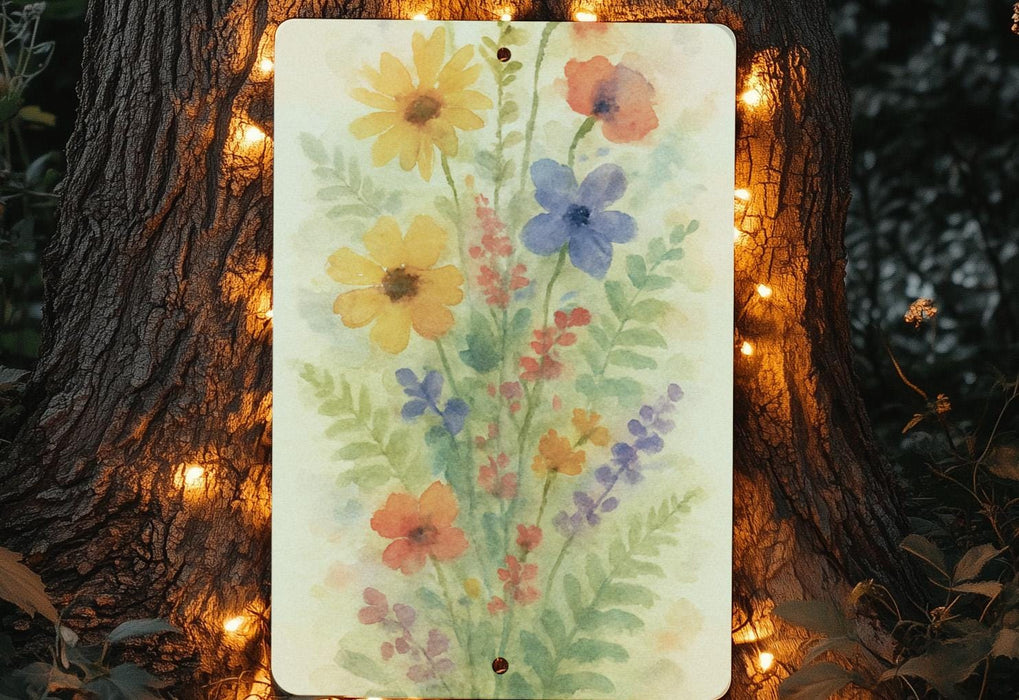 a painting of flowers is hanging on a tree