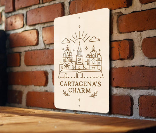 a wooden sign that says cartagena's charm on a brick wall