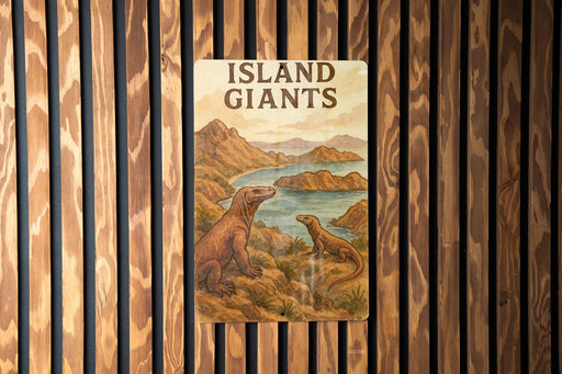 a book about island giants on a wooden wall