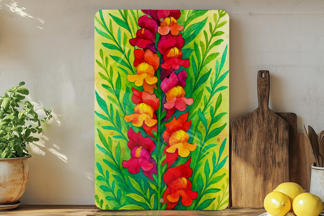 Boho Garden Snapdragons Metal Sign – Vibrant Floral Wall Art with Wild Greenery, Colorful Rustic Home Decor