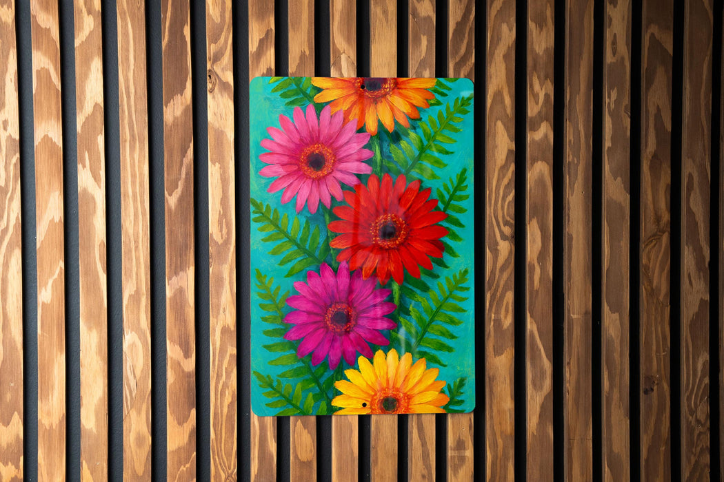 a painting of colorful flowers on a green background