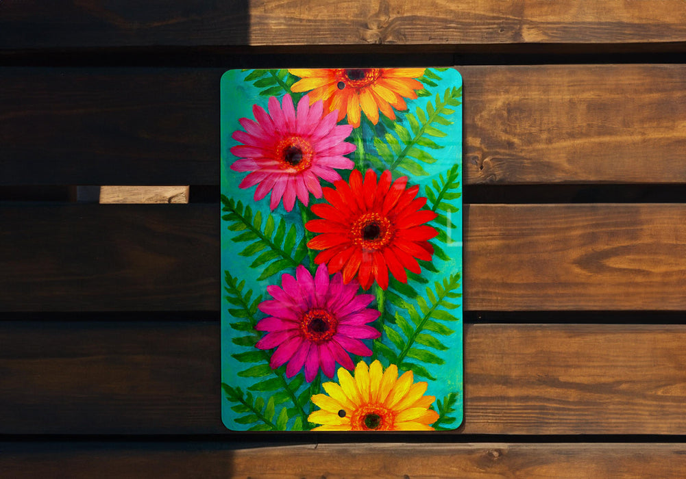 a picture of a flower on a wooden bench