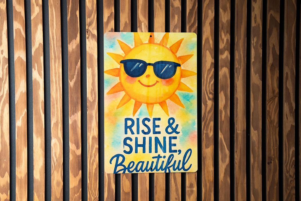a wooden wall with a sign that says rise and shine beautiful