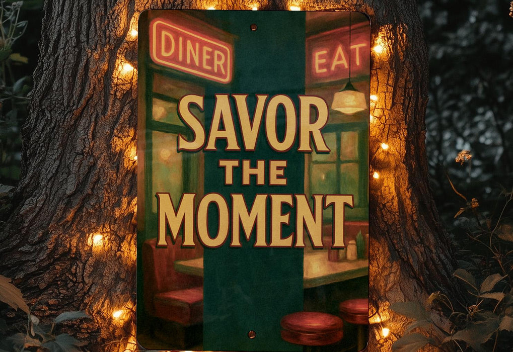 a sign advertising a restaurant called savor the moment