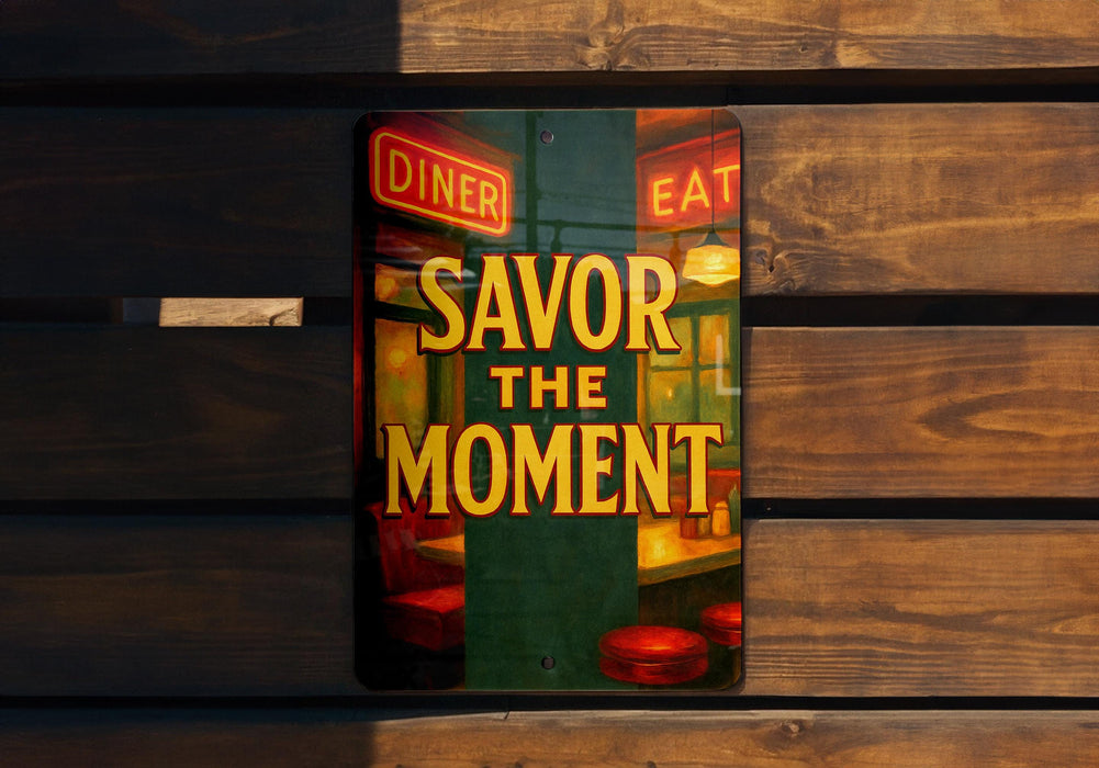 a sign that says savor the moment on a wooden bench