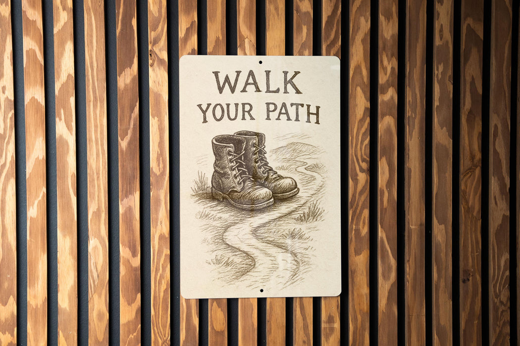 a sign on a wooden wall that says walk your path