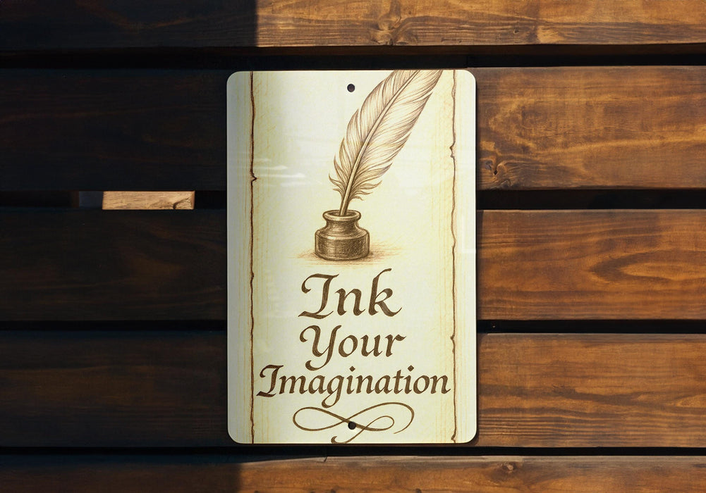 a wooden bench with a sign that says ink your imagination