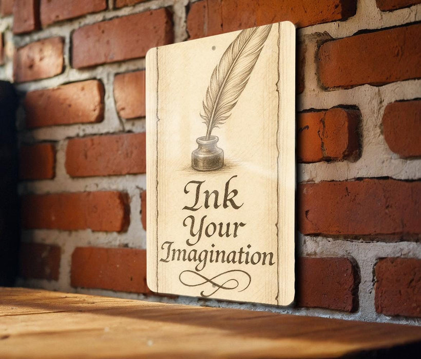 a sign that says ink your imagination on a brick wall