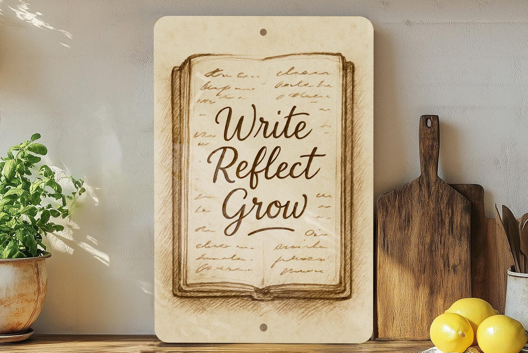 a picture of a sign that says write reflect grow