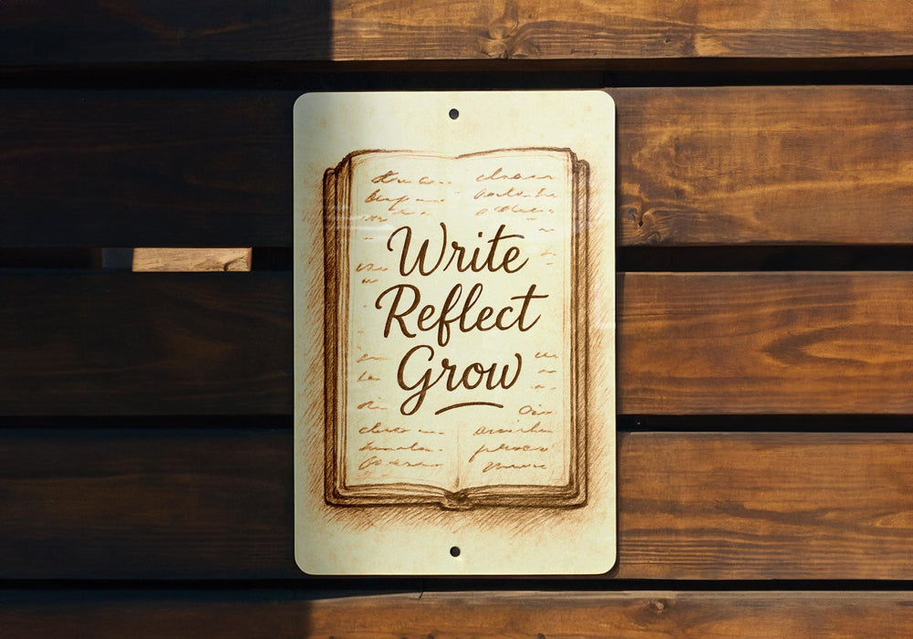 a sign that reads write reflect grow on a wooden bench