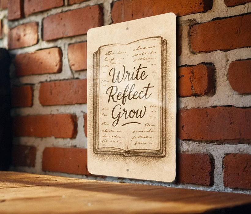 a sign that reads write reflect grow on a brick wall