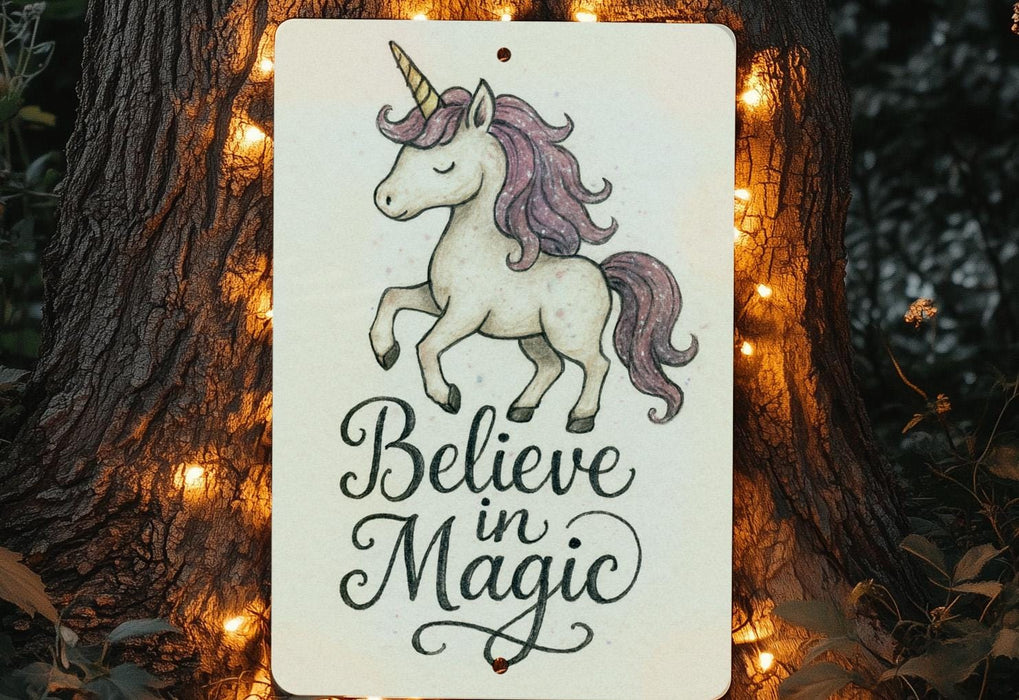 a sign that says believe in magic with a unicorn on it