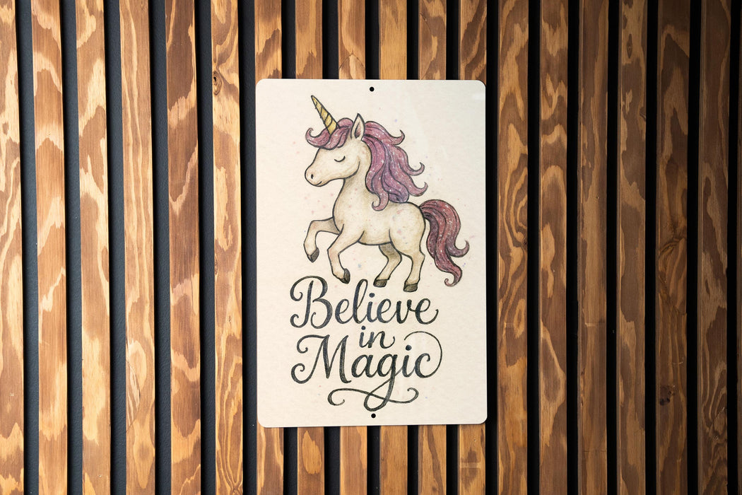 a wooden wall with a sign that says believe in magic