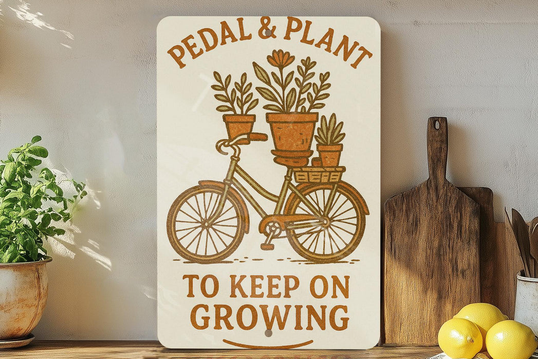 a sign that says pedal and plant to keep on growing