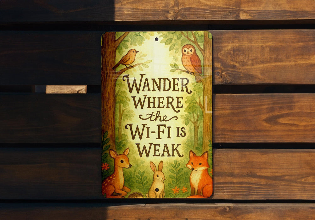 a sign on a wooden bench that says wander where the wi - fi is weak