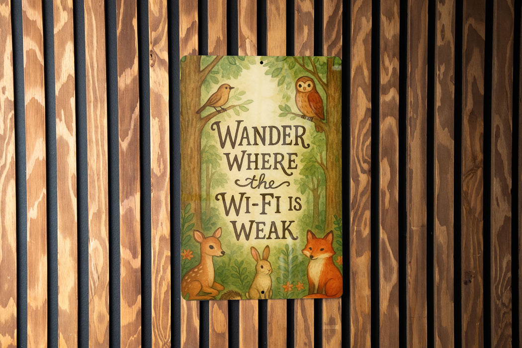 a wooden wall with a sign that says wander where the wi - fi is weak