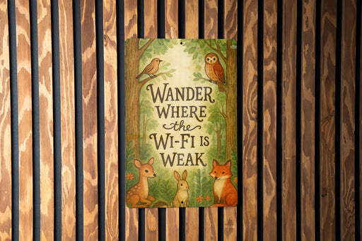a wooden wall with a sign that says wander where the wi - fi is weak