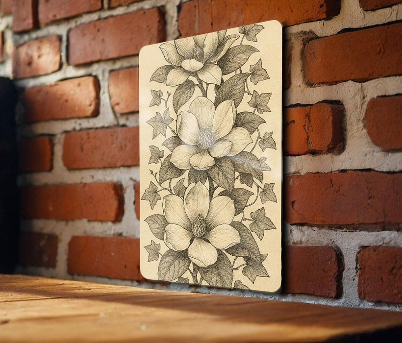 Vintage Magnolia & Ivy Botanical Metal Sign – Antique-Style Narrow Wall Art with Cross-Hatch Detail for Home Décor