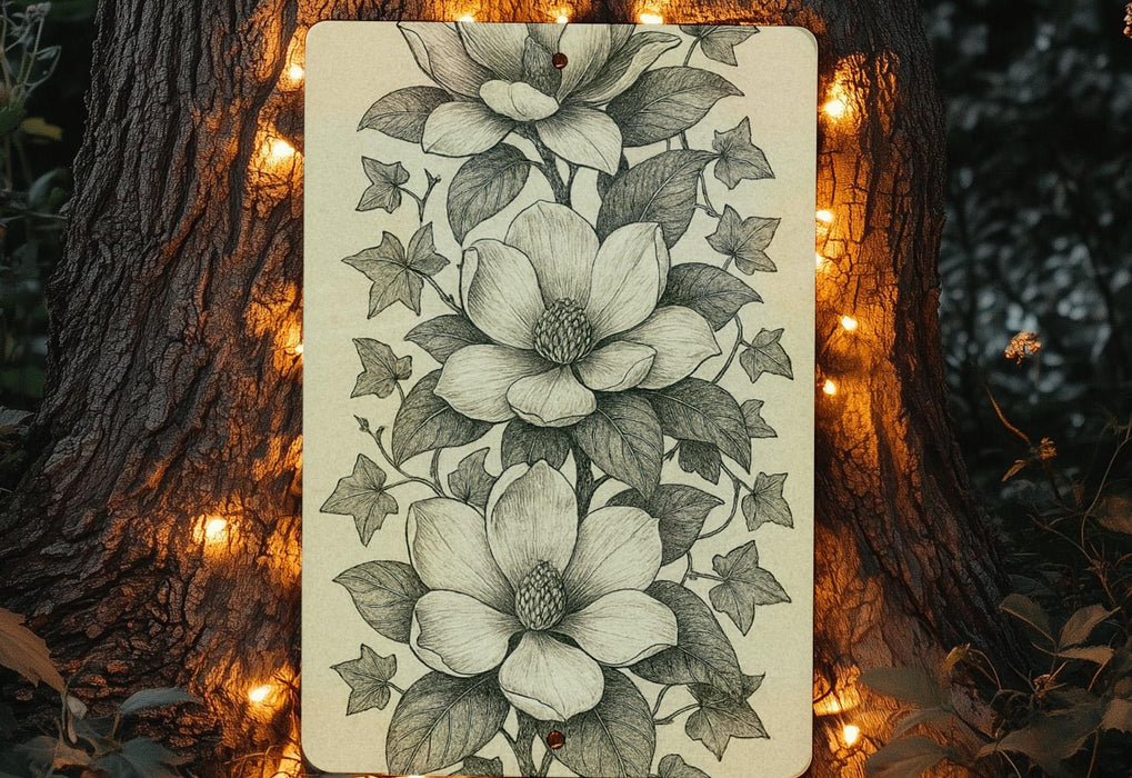 Vintage Magnolia & Ivy Botanical Metal Sign – Antique-Style Narrow Wall Art with Cross-Hatch Detail for Home Décor