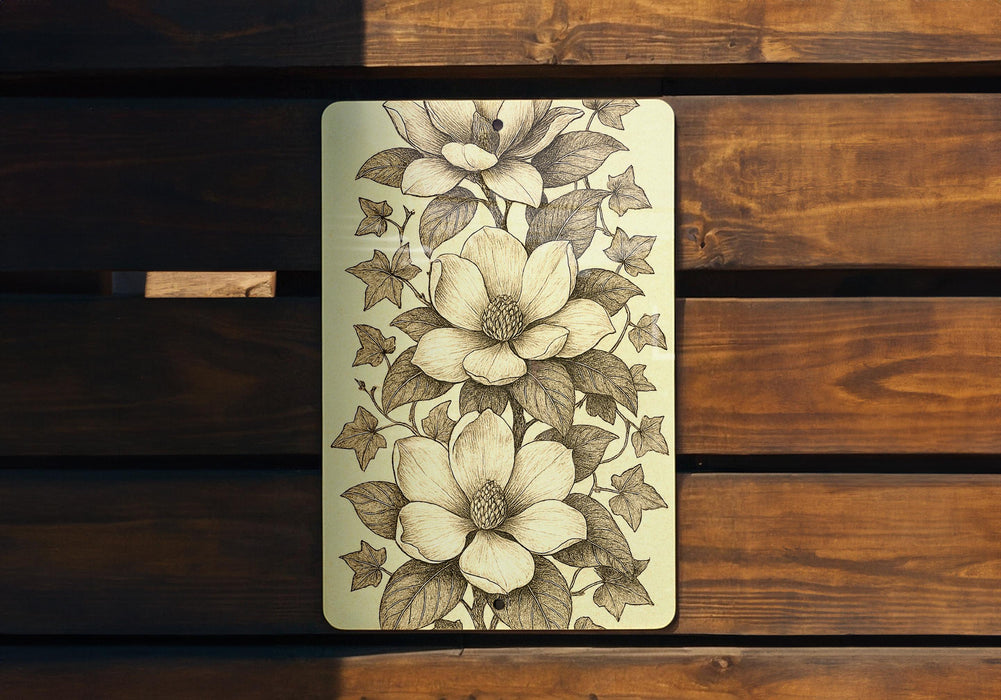 Vintage Magnolia & Ivy Botanical Metal Sign – Antique-Style Narrow Wall Art with Cross-Hatch Detail for Home Décor