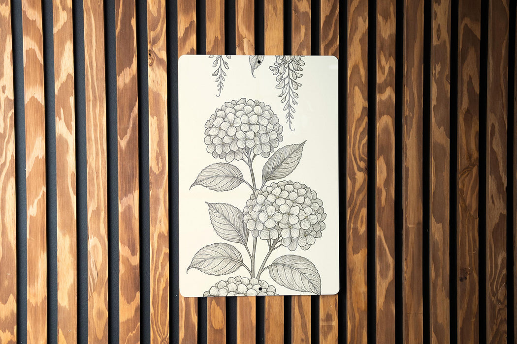 Vertical Metal Sign with Hydrangea & Wisteria Illustration – Tall Narrow Fine Line Botanical Wall Art Decor