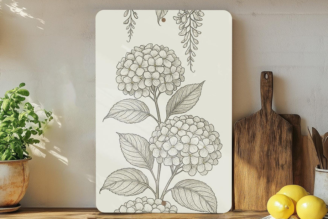 Vertical Metal Sign with Hydrangea & Wisteria Illustration – Tall Narrow Fine Line Botanical Wall Art Decor
