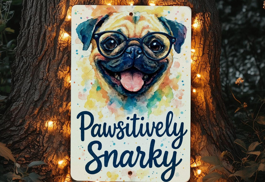 a sign with a pug wearing glasses on it